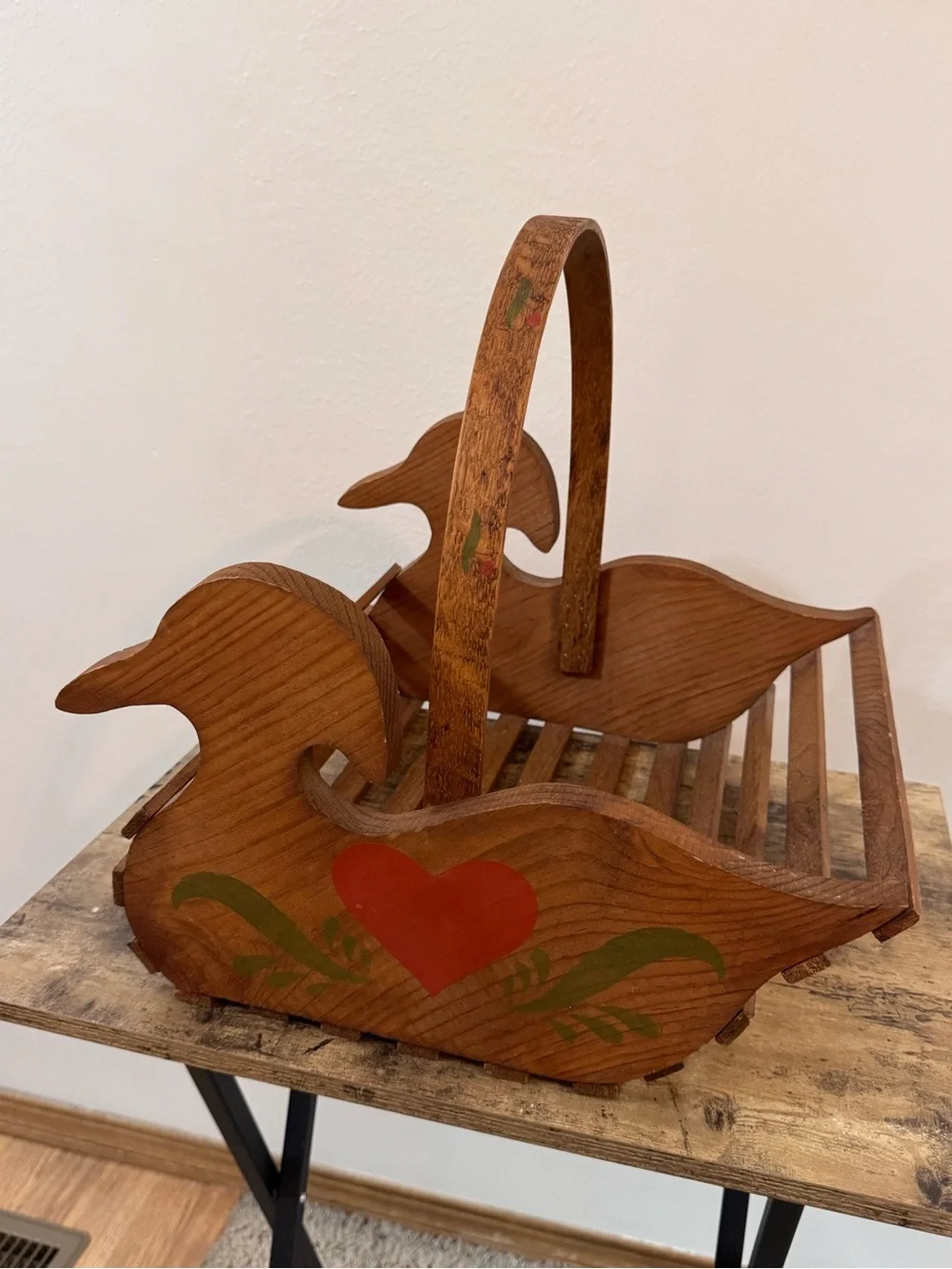 Vintage Wooden Folk Art Duck Basket Carrier | Rustic Farmhouse Decor